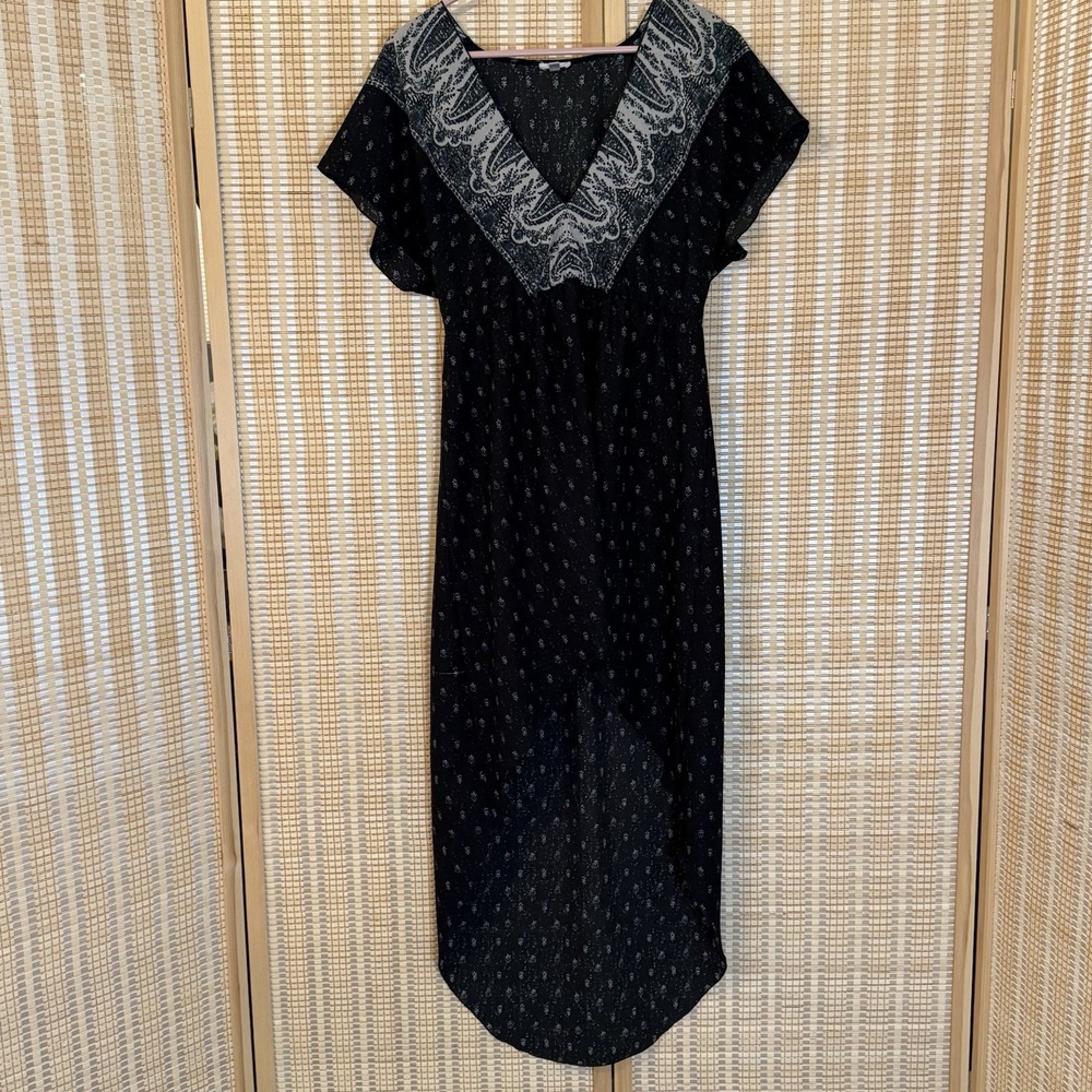 Ecote Womens M Dress Black Multi Hi Lo Elastic‎ Waist Drop Shoulder Boho Western